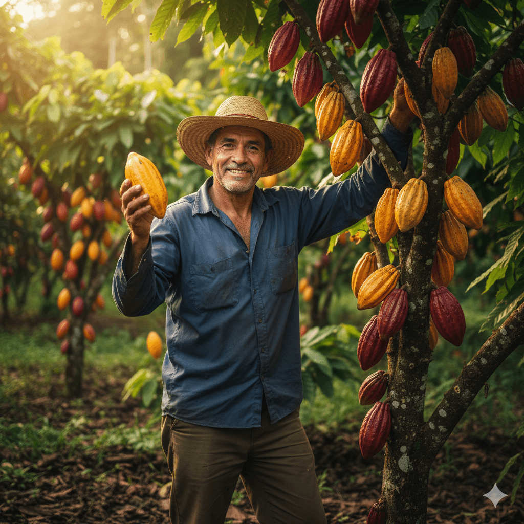 Healthy cacao farmer harvesting ripe pods in sustainable plantation