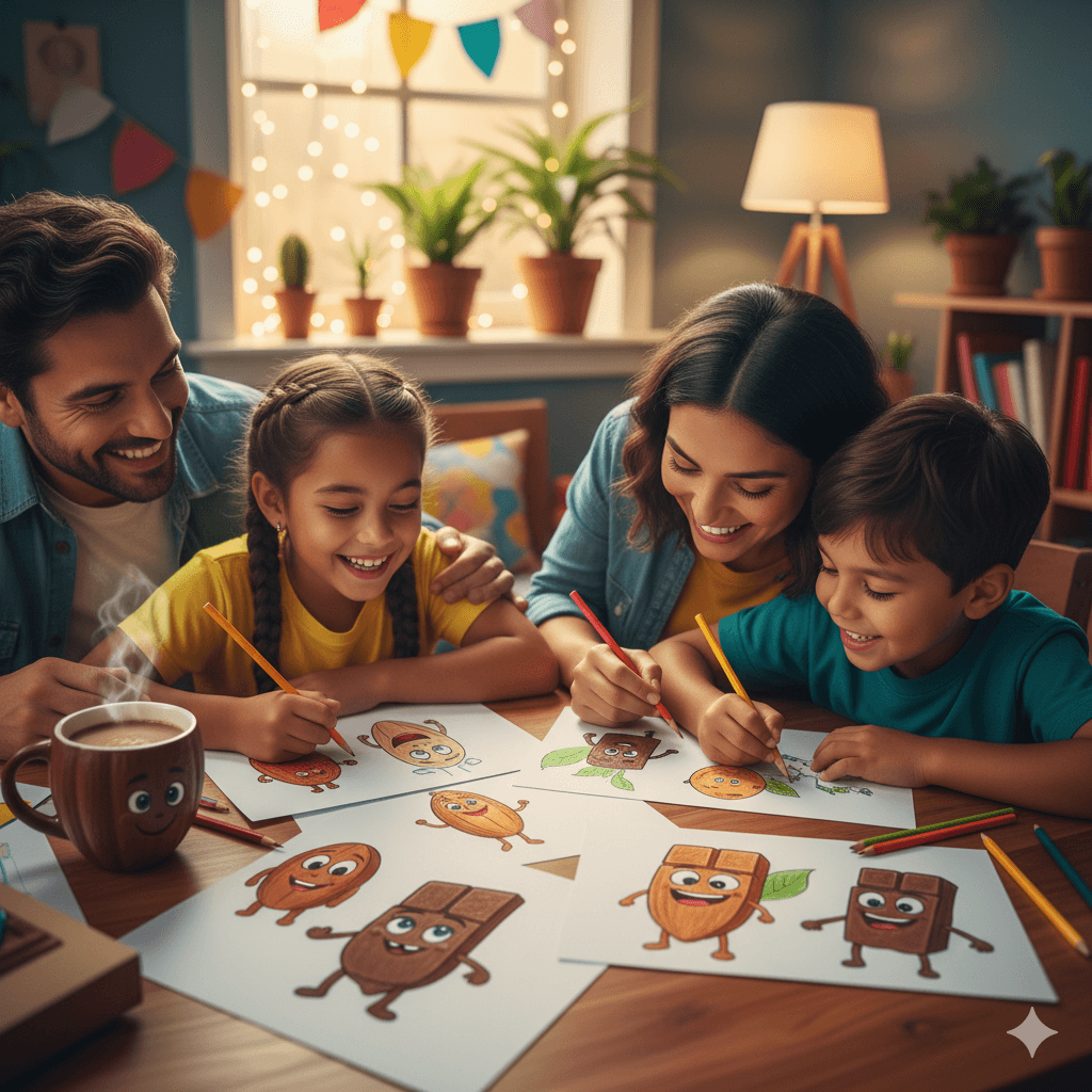 Family drawing characters together